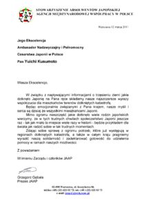 List Stowarzyszenia JAAP do Jego Ekscelencji Ambasadora Japonii w Polsce